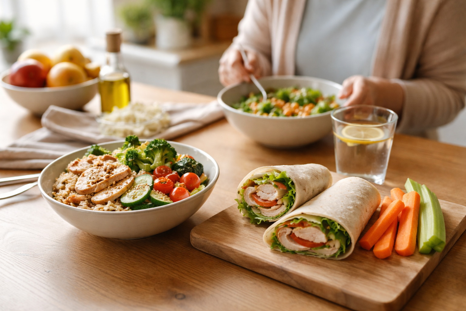 A wooden table with a bowl of grains and vegetables beside two wraps and cut carrot sticks