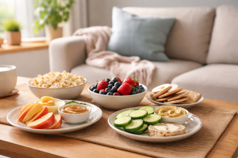 A variety of snacks arranged on a wooden coffee table in a softly lit living room