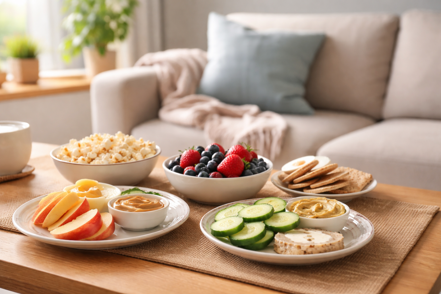 A variety of snacks arranged on a wooden coffee table in a softly lit living room