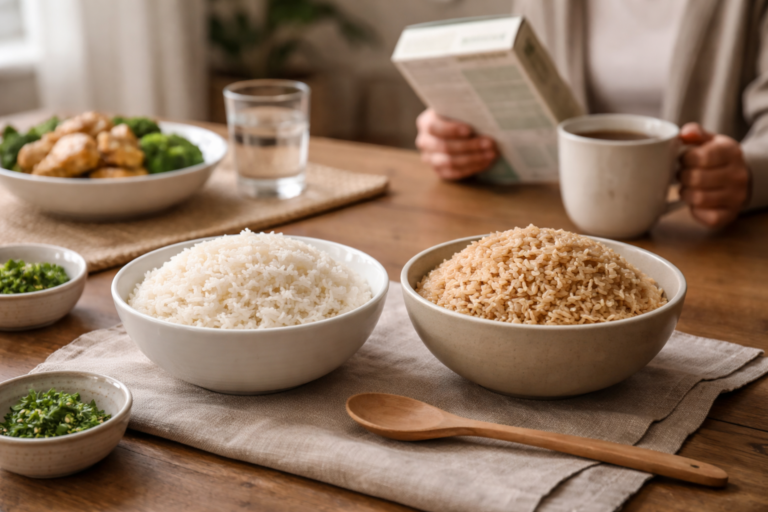 Two bowls of rice, one white and one brown, placed on a wooden table with a cloth underneath