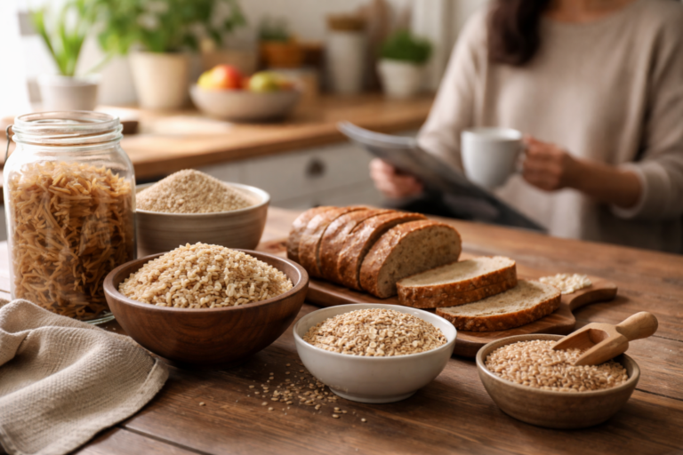 Several bowls of grains and seeds arranged on a wooden table with soft natural light