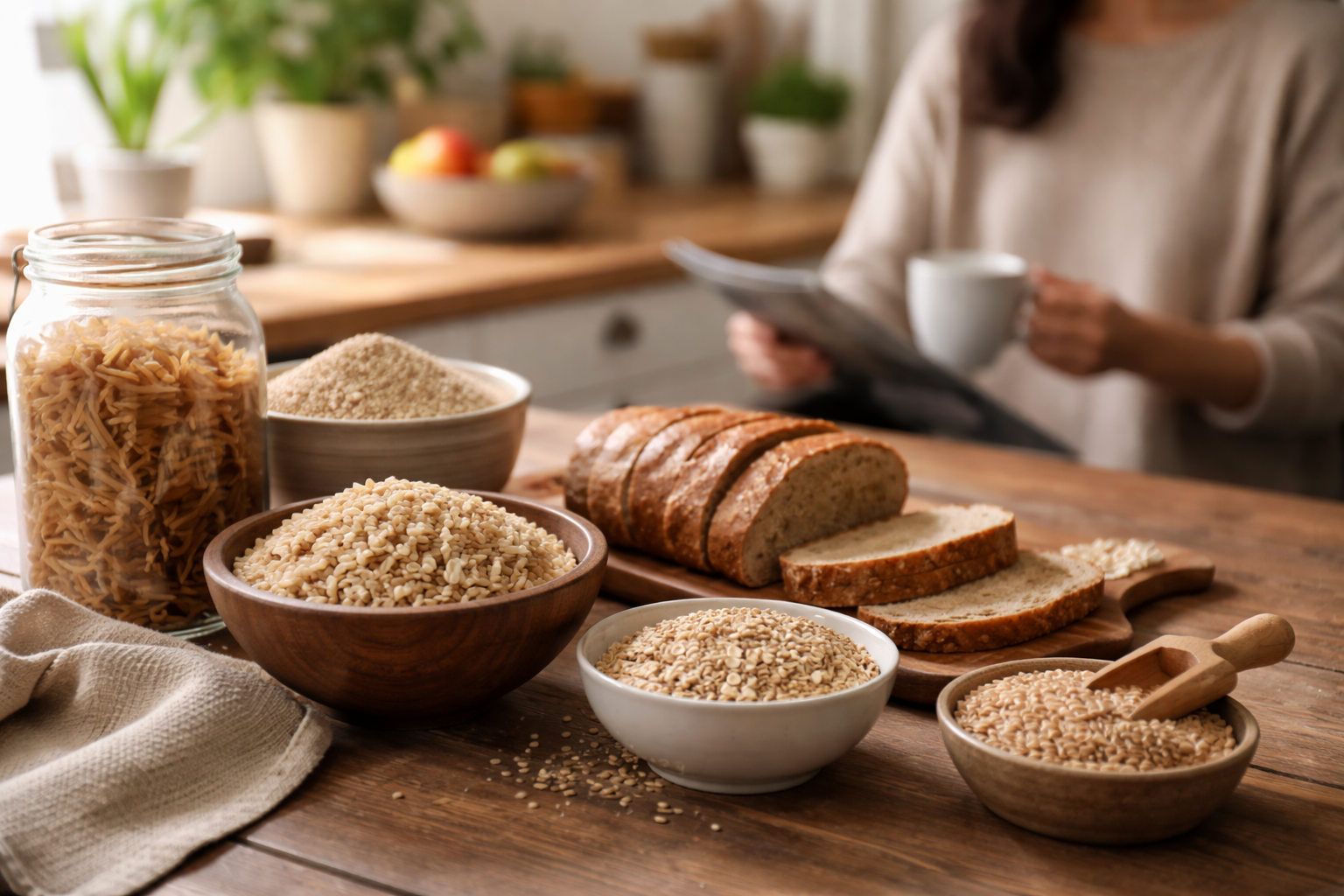 Several bowls of grains and seeds arranged on a wooden table with soft natural light