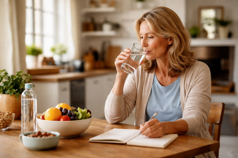 Soft sunlight fills a cozy kitchen as a bowl of fruit rests beside a notebook and pen