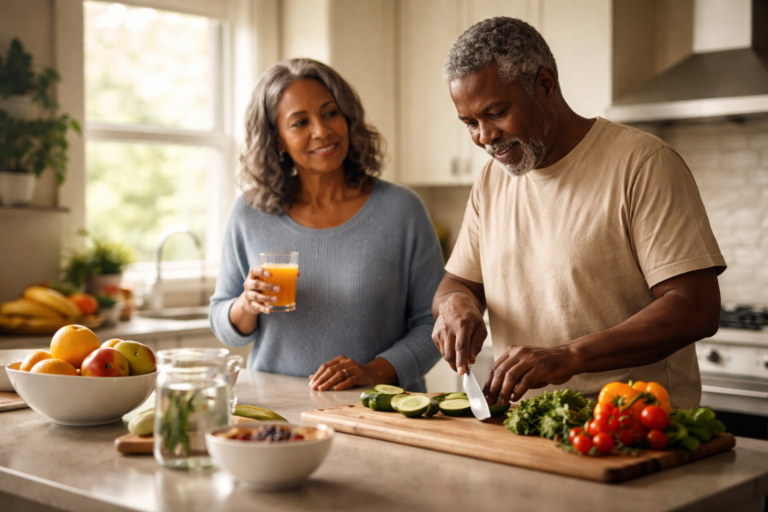 A couple standing in a bright kitchen while one slices vegetables and the other holds a glass of juice
