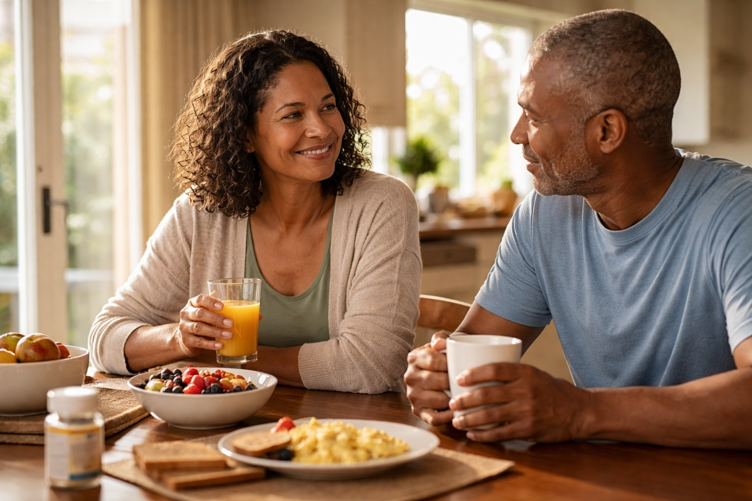 A middle-aged couple smiling at each other while sitting at a wooden table with breakfast in soft sunlight