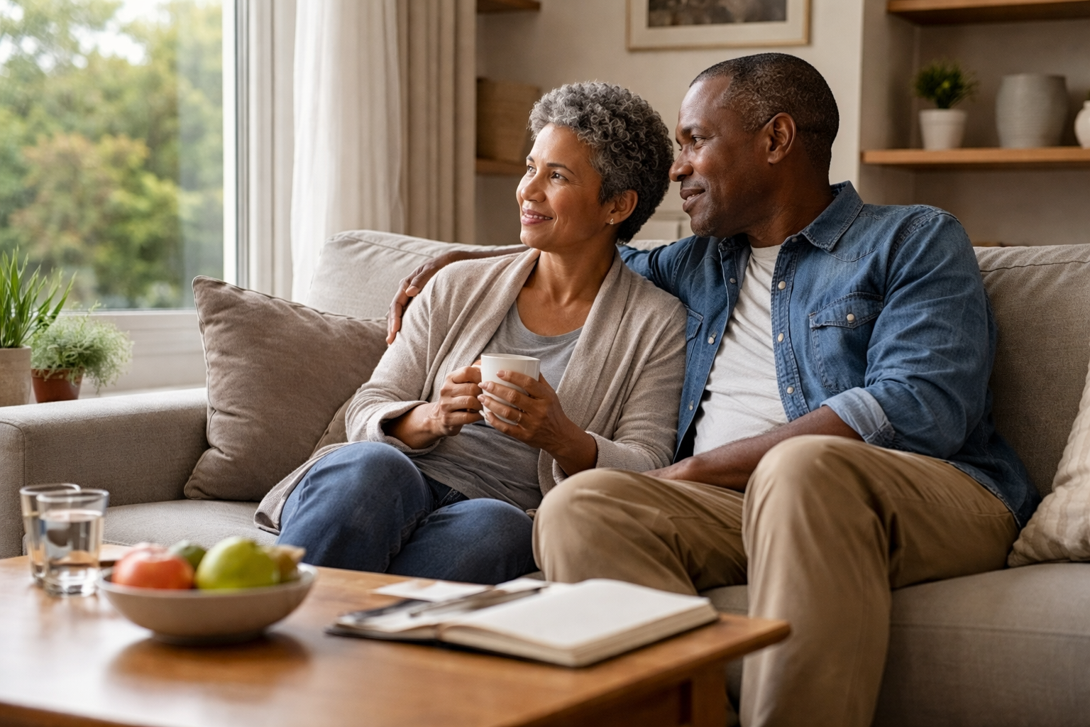 A couple sitting close together on a sofa, holding mugs and looking toward a window