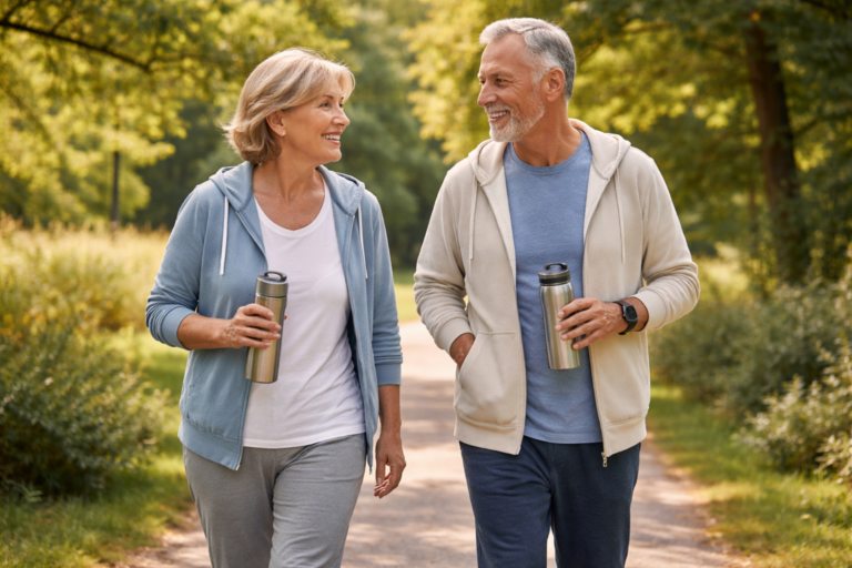 An older couple walks together on a quiet path surrounded by green trees, smiling at each other