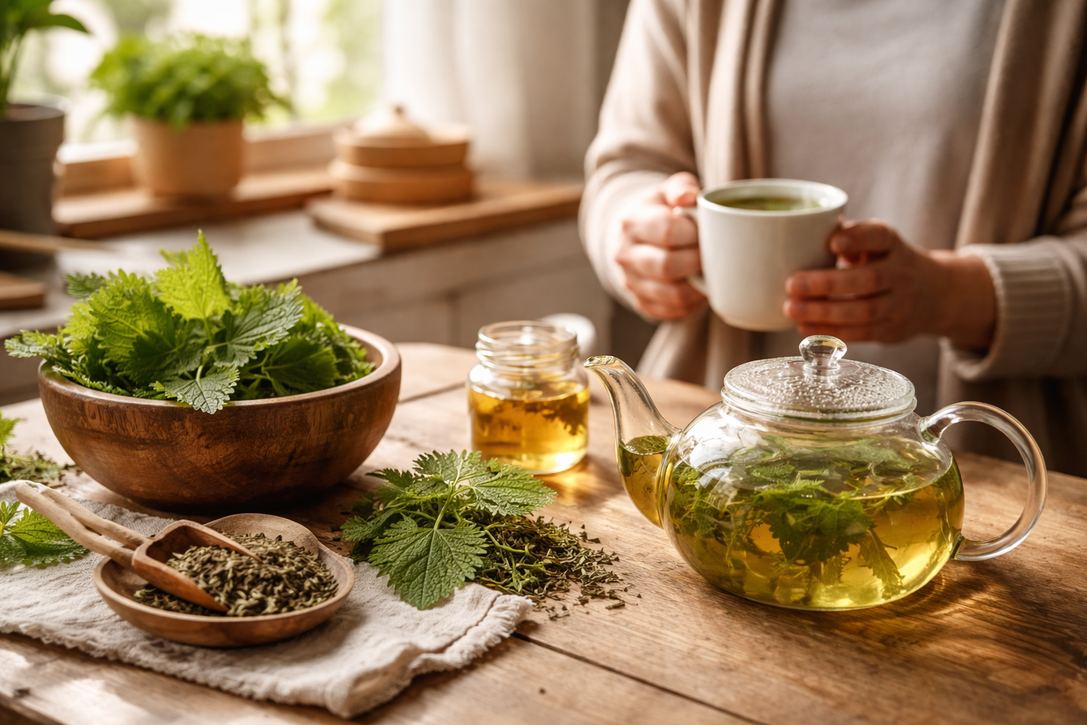 A glass teapot with green tea sits on a wooden table beside fresh leafy herbs and a person holding a cup