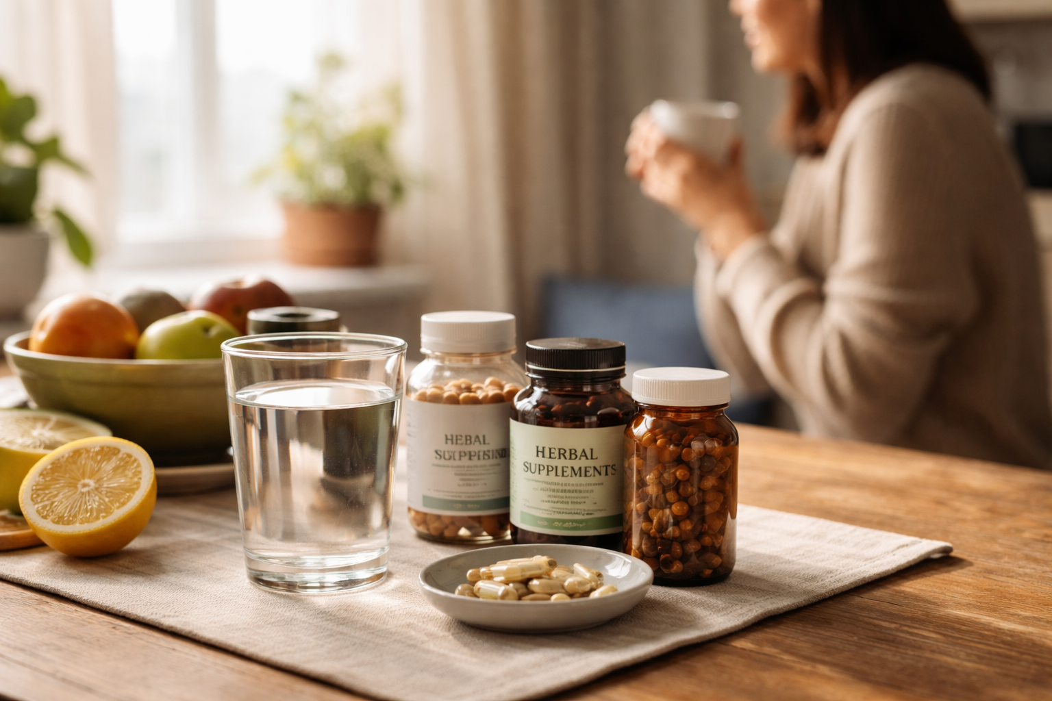 A wooden table with a glass of water, small bottles, and a bowl of fruit in soft morning light