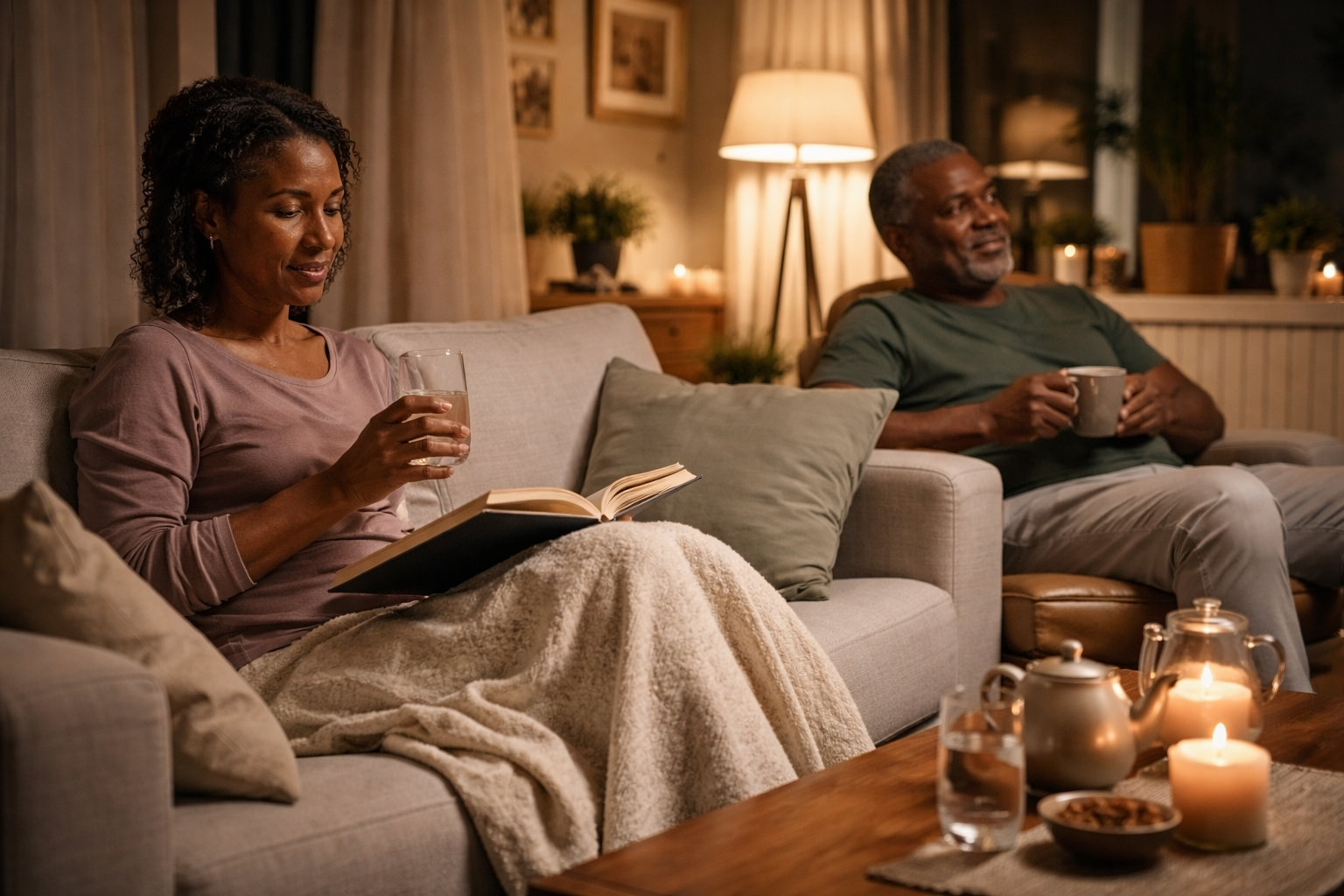 A calm evening scene with two people relaxing on separate seats surrounded by warm lighting and home decor