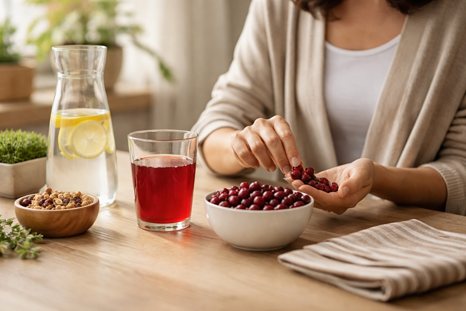 A bowl of fresh cranberries sits on a wooden table beside a folded cloth
