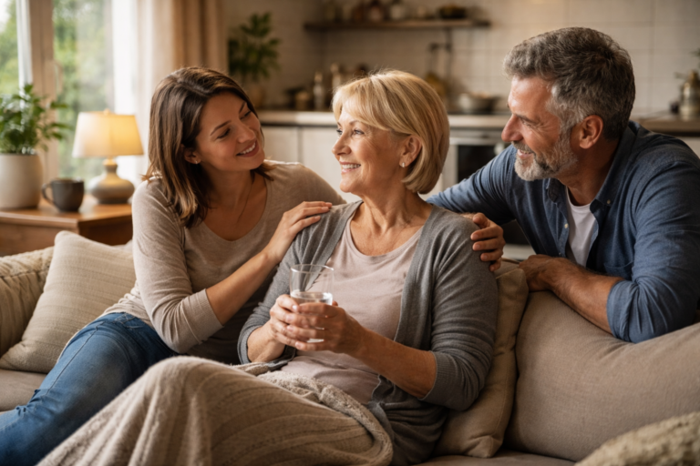 Three adults sitting close together on a couch, smiling and talking in a cozy living room