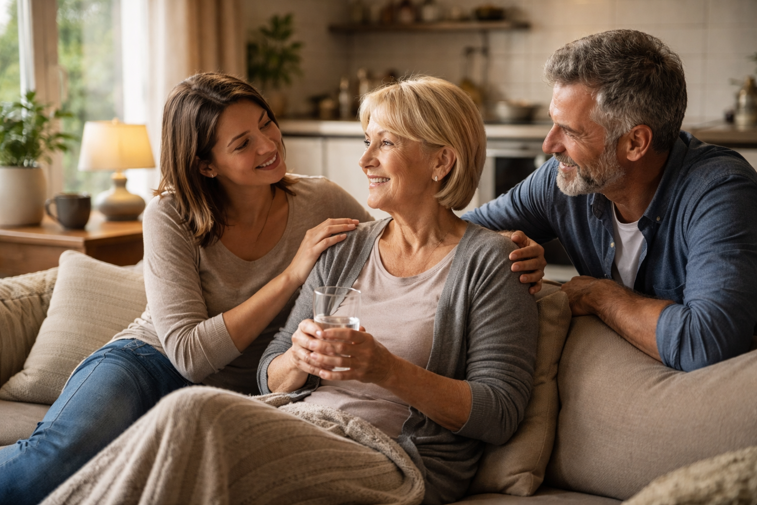 Three adults sitting close together on a couch, smiling and talking in a cozy living room