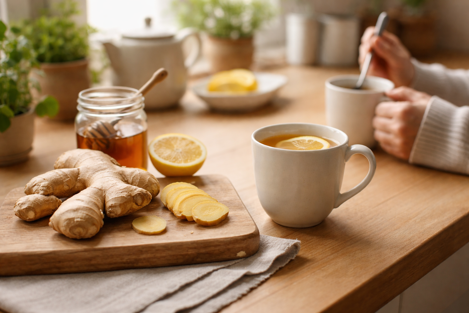 A warm mug of tea with a lemon slice sits on a wooden table beside fresh ginger and a jar of honey