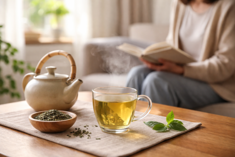 A glass cup of tea on a wooden table with soft sunlight coming through a window