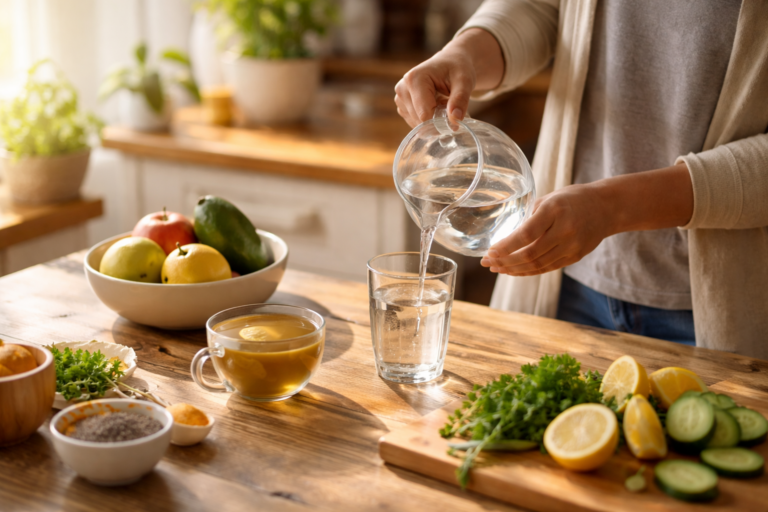 A person pours water from a clear pitcher into a glass on a wooden table in soft morning light