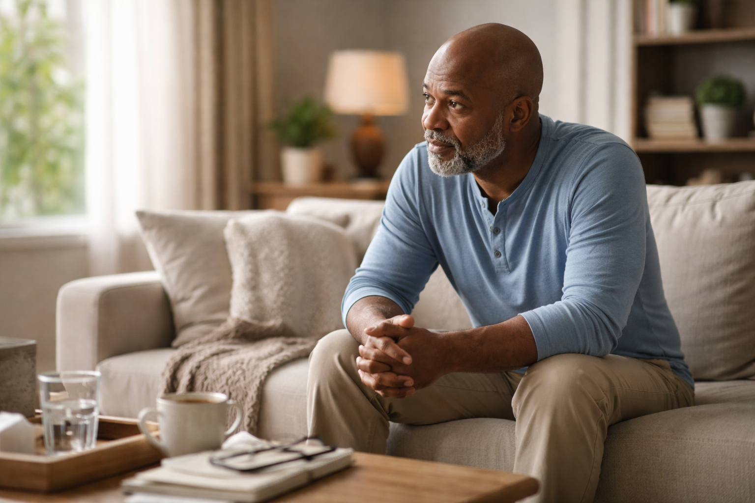 A man sitting on a sofa with hands clasped, looking thoughtfully toward a window