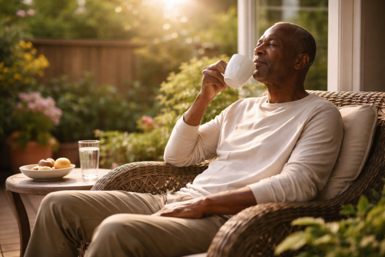 A man sits in a wicker chair on a sunlit patio, holding a white mug and looking relaxed