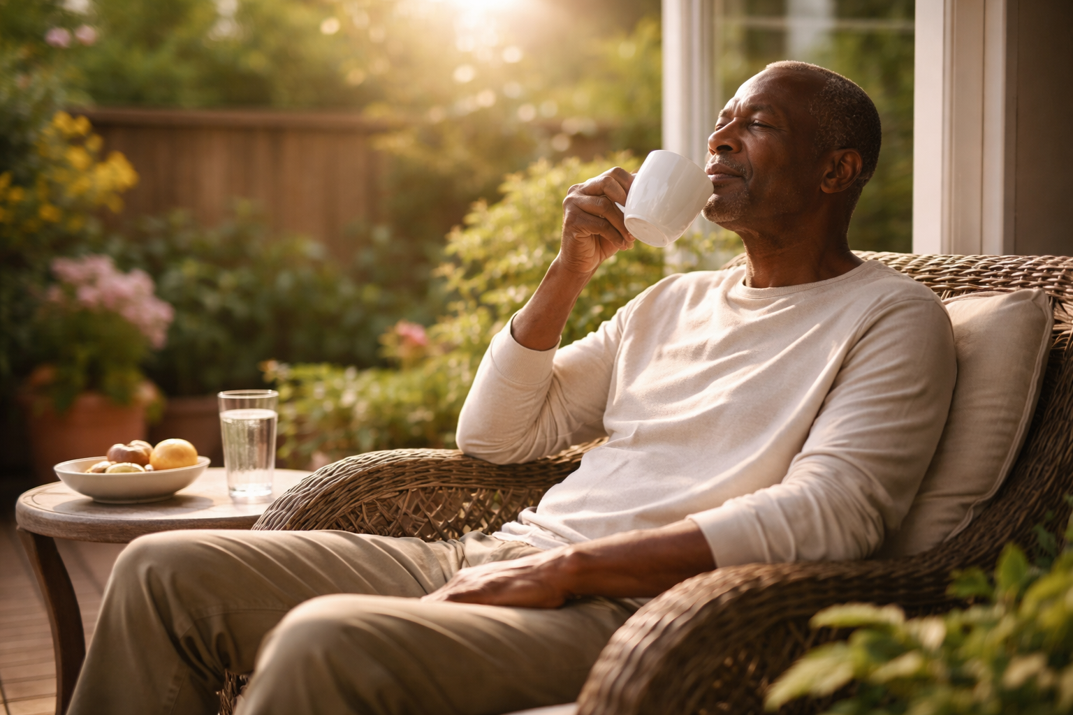 A man sits in a wicker chair on a sunlit patio, holding a white mug and looking relaxed