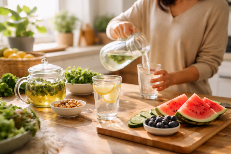 Sunlit kitchen table with sliced watermelon, blueberries, and a glass of lemon water