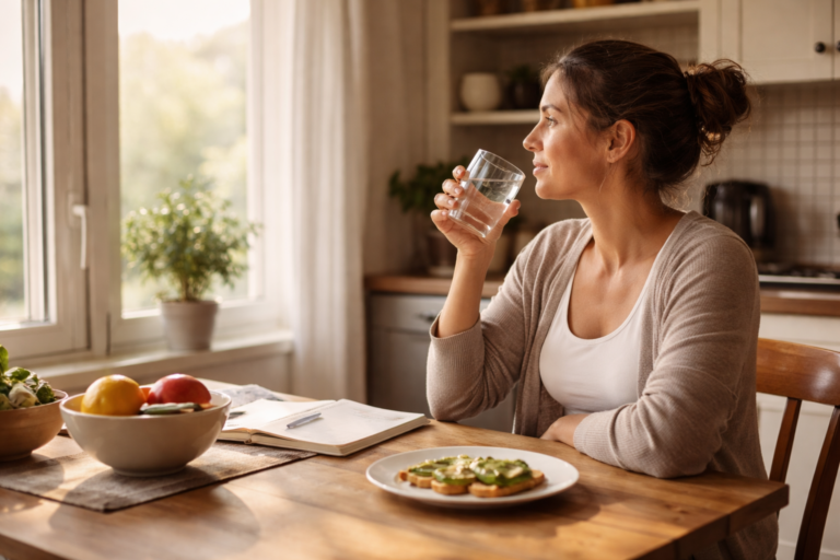 Woman sitting at a wooden table by a bright window holding a glass of water