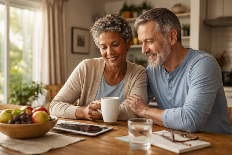 An older couple sitting at a wooden kitchen table looking at a tablet together
