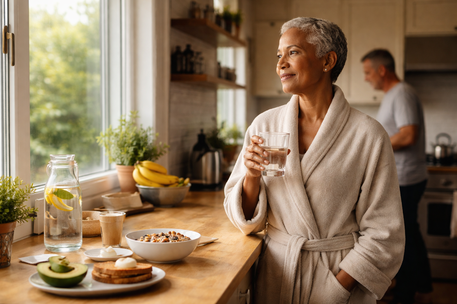 Someone holding a clear glass near a kitchen sink in natural daylight