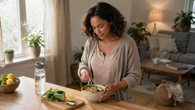 A person slicing vegetables at a small table near a window with soft daylight