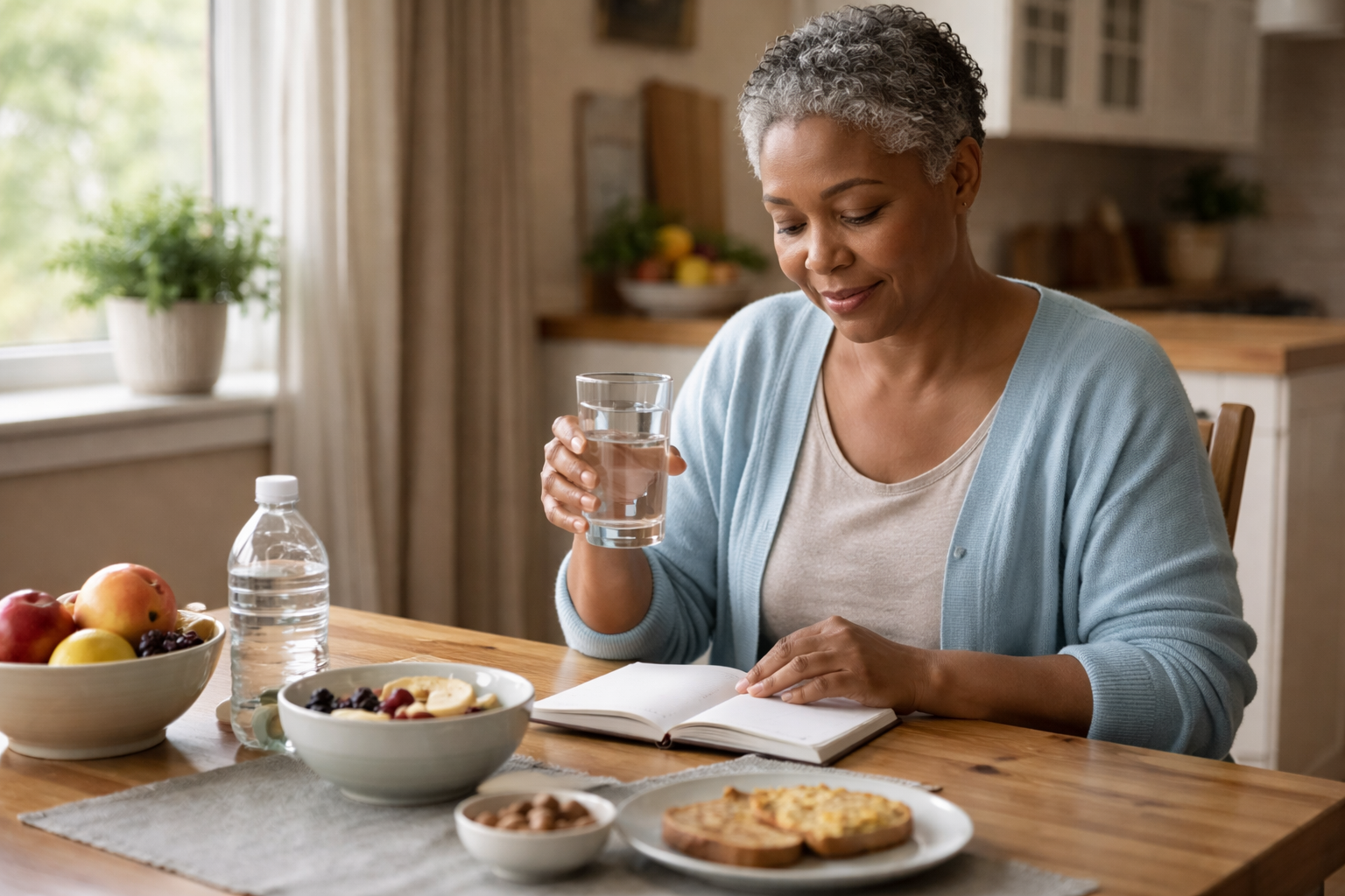 A simple breakfast setup with neutral colors and a relaxed, everyday feel