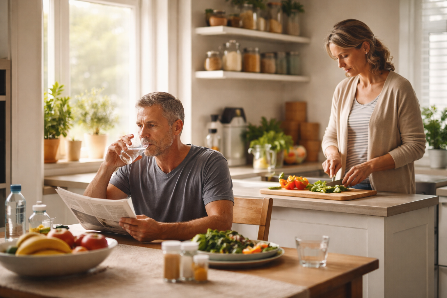 A man sits at a wooden table reading a newspaper while drinking water as a woman chops vegetables in a bright kitchen fresh-vegetables-home-kitchen-scene