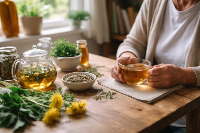 A person holding a glass cup of tea at a wooden table with herbs and a teapot nearby in soft sunlight