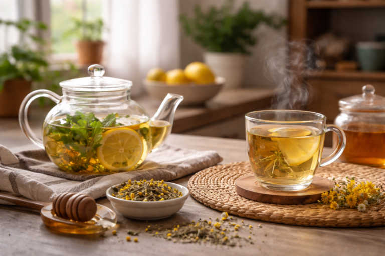 A glass teapot with lemon slices and herbs sits on a wooden table beside a steaming cup in soft morning light