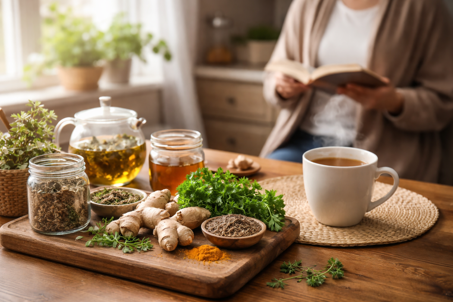 A wooden table with fresh herbs, spices, and a steaming cup of tea in a bright kitchen