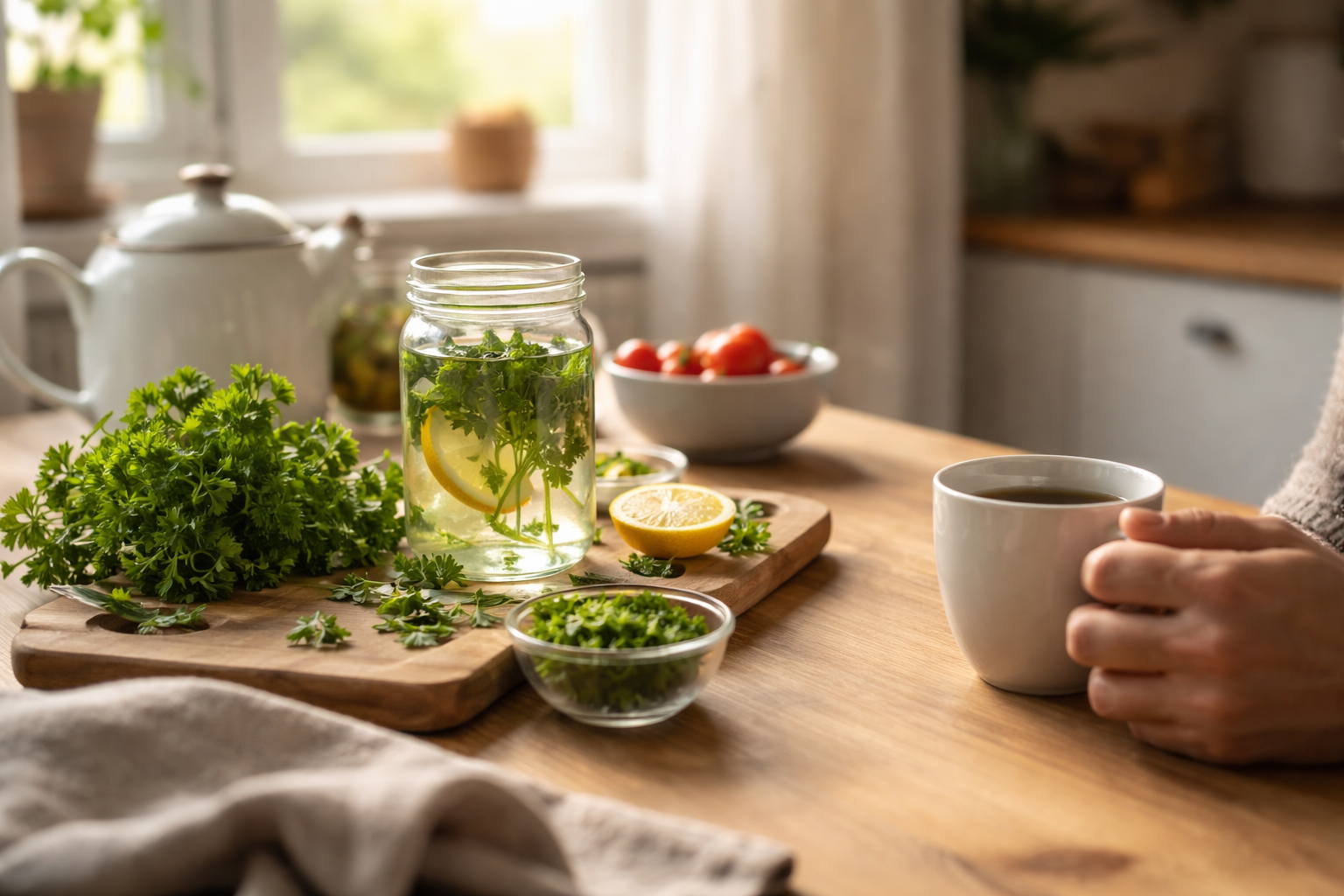 Glass jar with parsley and lemon slices on a wooden table in a bright kitchen