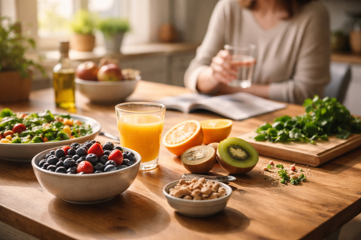 A wooden table in soft morning light with a bowl of berries, a glass of orange juice, and sliced fruit nearby