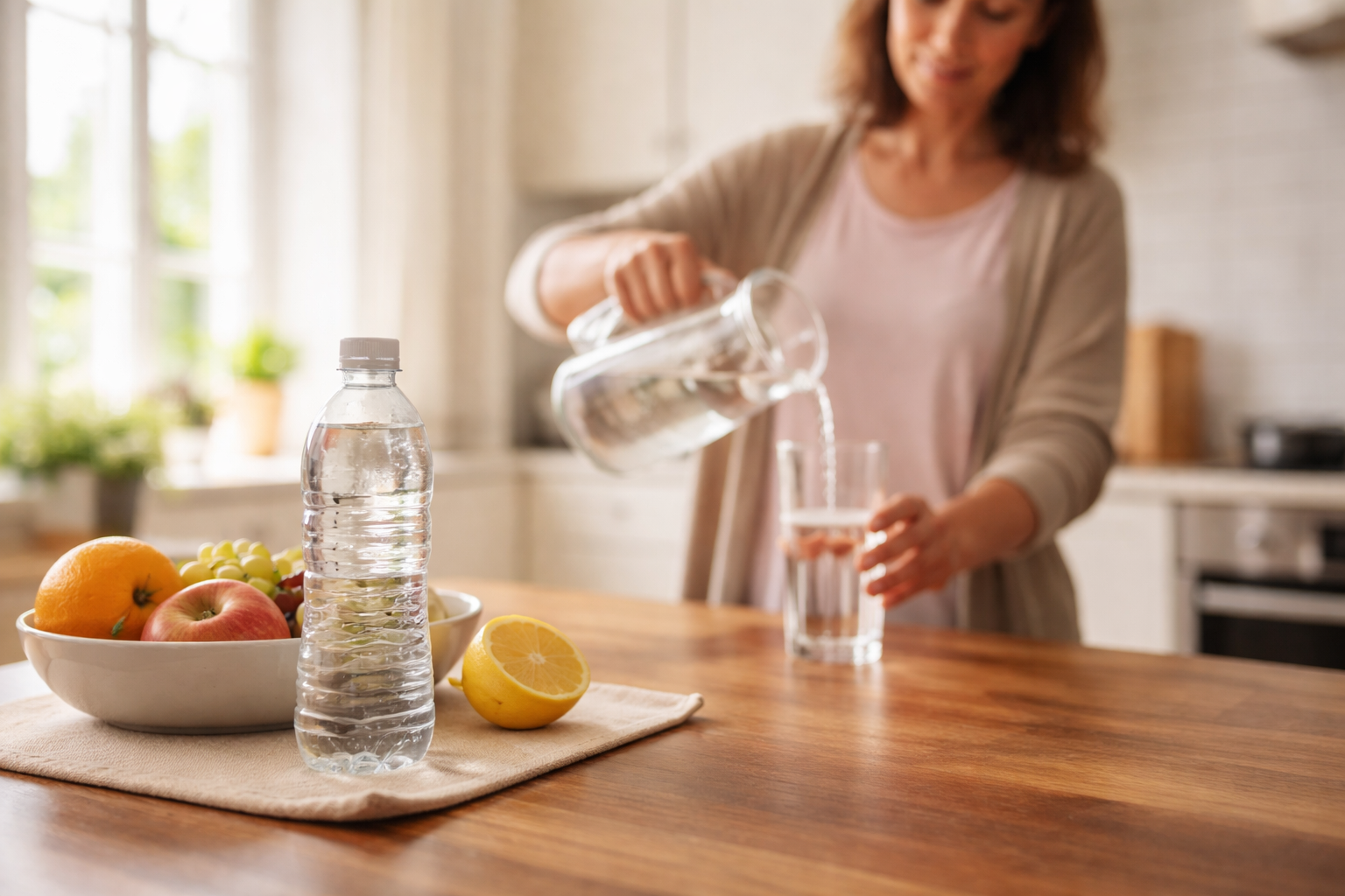A woman pours water from a glass pitcher into a drinking glass in a bright kitchen