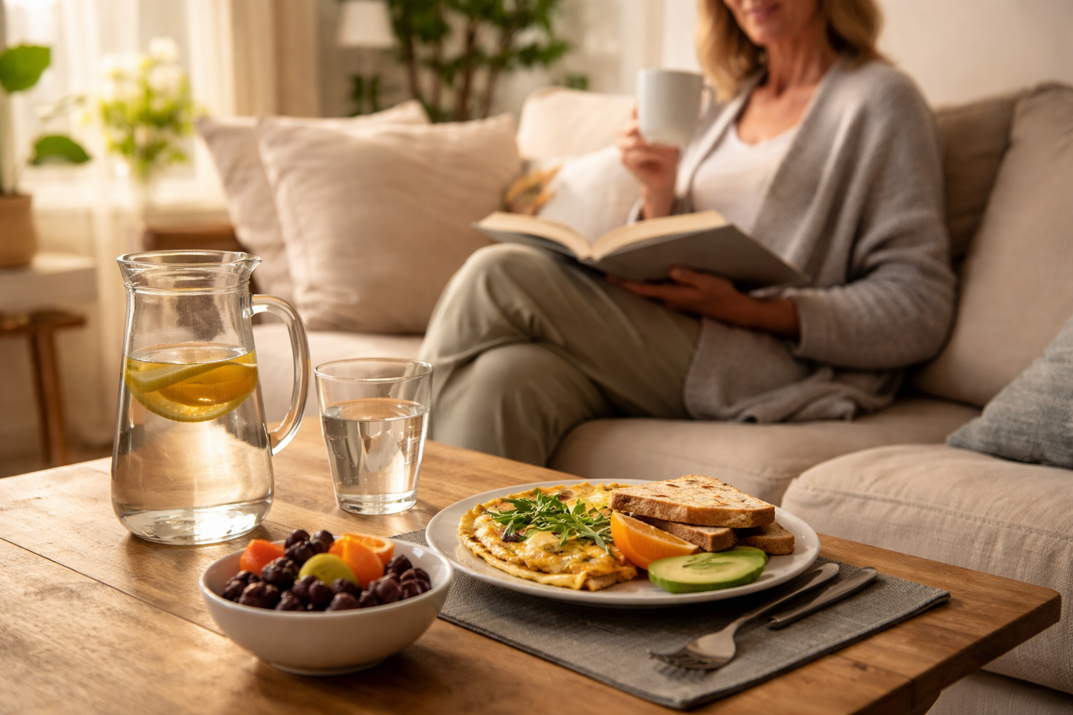 A wooden table with a simple breakfast of eggs, toast, fruit, and a glass pitcher of water in soft morning light