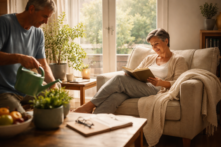 A woman sitting in a cushioned armchair reading a book near a bright window