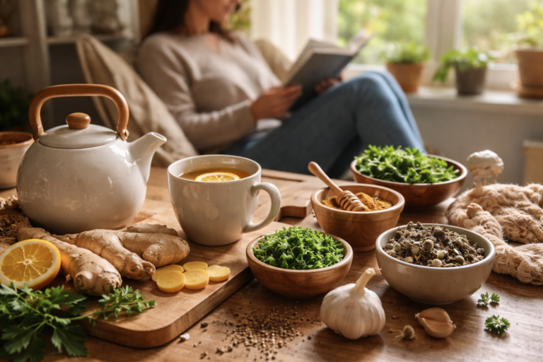 A warm kitchen table with a teapot, cup of tea with lemon, and small bowls of fresh and dried herbs