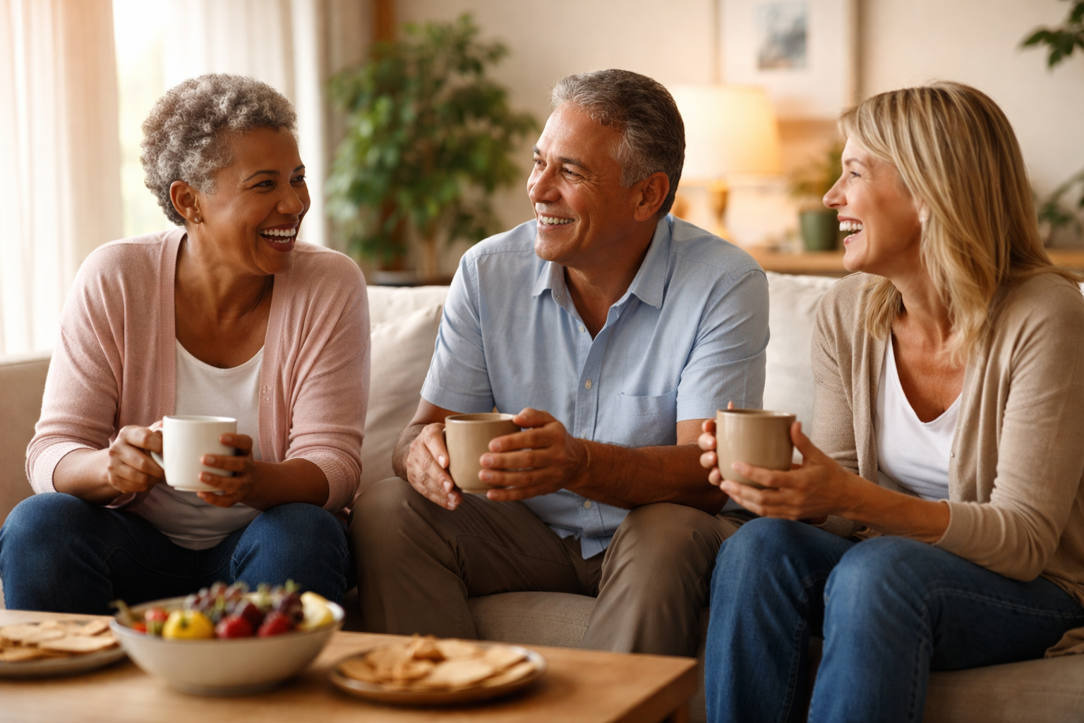 Three friends sitting on a couch laughing together while holding mugs in a cozy living room