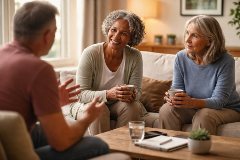 Three adults sitting on a couch having a relaxed conversation in a softly lit living room