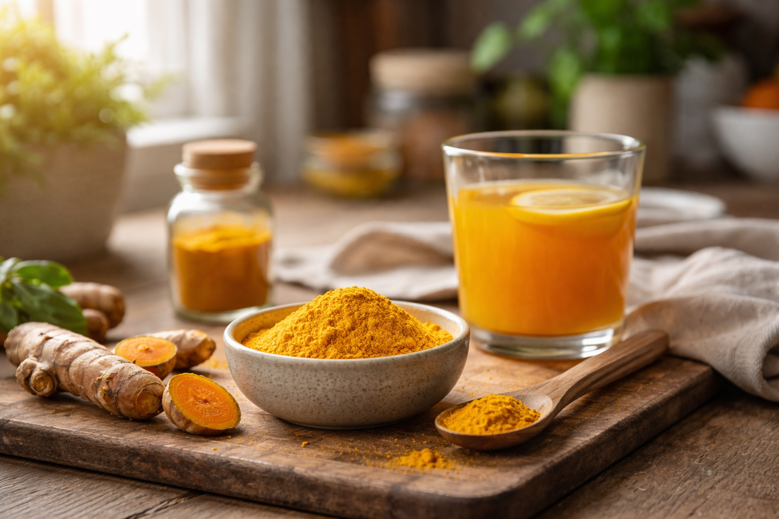 A small bowl filled with bright yellow turmeric powder sitting on a rustic wooden board