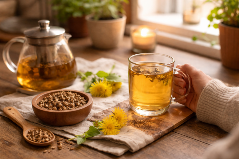 A glass mug of golden tea held by a hand on a wooden table with soft sunlight