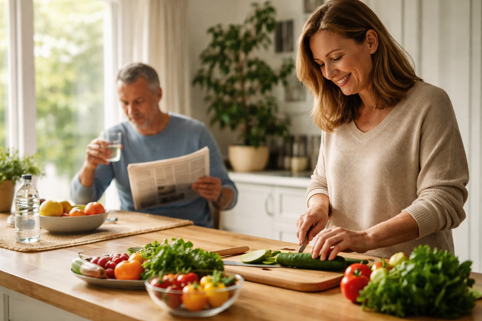 A woman slicing a cucumber on a wooden board in a sunlit kitchen