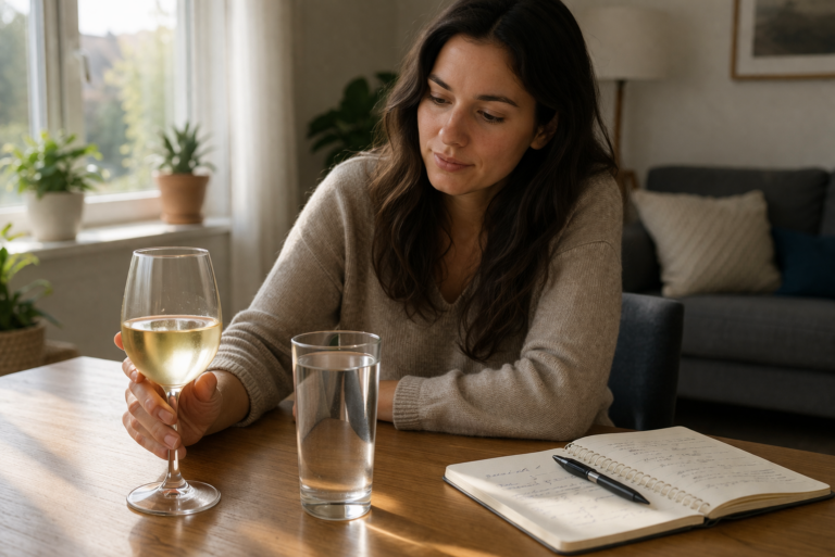 A woman sitting at a wooden table holding a glass of water with a notebook open in front of her