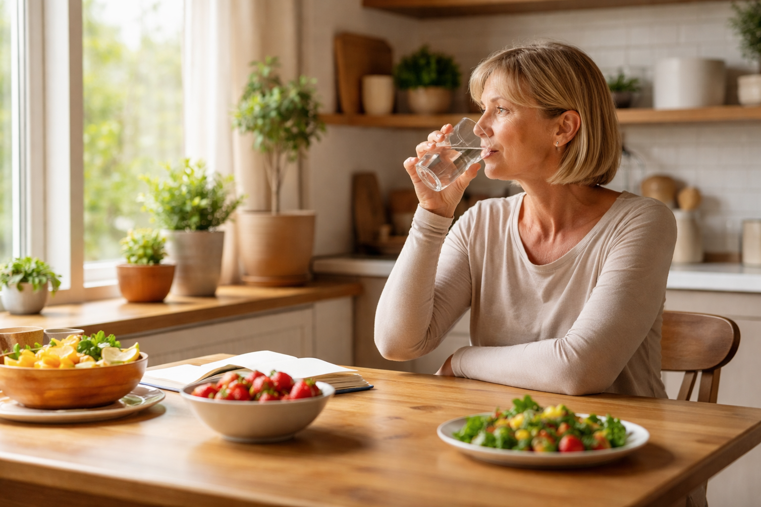 A woman sits at a wooden table sipping water while looking out a bright window