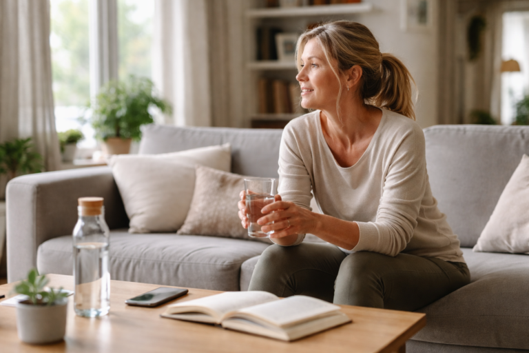 A woman sitting on a sofa holding a glass of water and looking toward a bright window