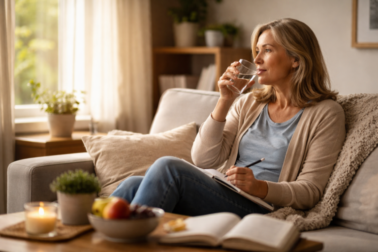 A woman sitting on a couch writing in a notebook while holding a glass of water