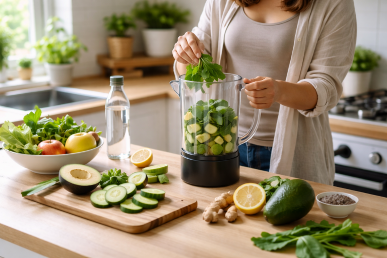A woman adds leafy greens into a blender on a wooden kitchen counter filled with fresh ingredients