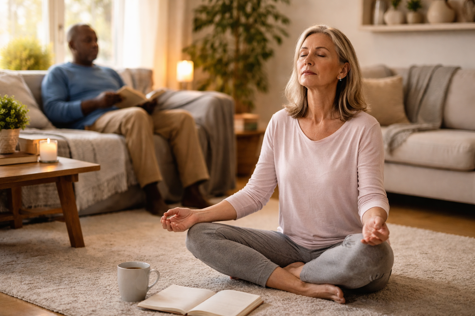A woman sits cross-legged on a rug with eyes closed, meditating in a softly lit living room